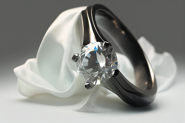 Black Palladium engagement ring with round brilliant diamond solitaire resting on white silk fabric