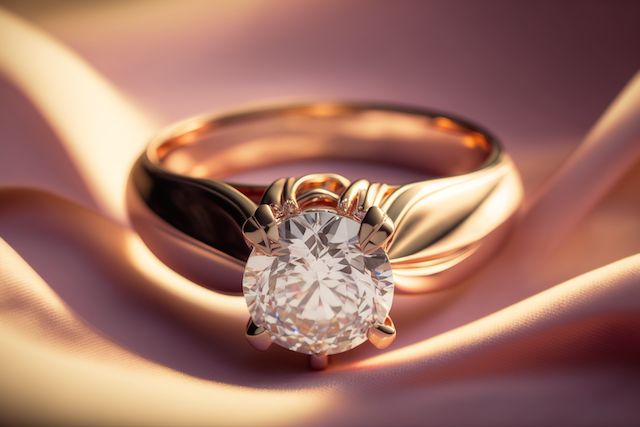 Rose gold solitaire engagement ring with a round diamond on blush satin, warm light highlighting the metal color and prong details.