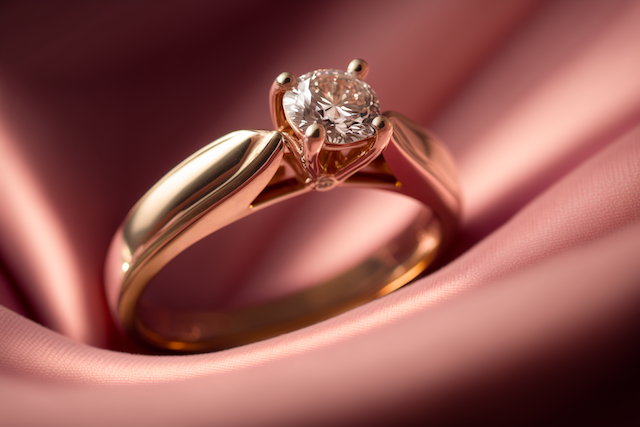 Yellow gold engagement ring with round brilliant diamond solitaire resting on soft pink satin fabric