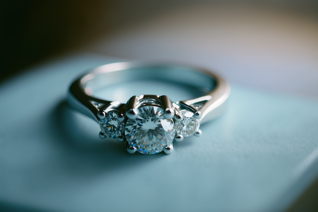 Platinum engagement ring with princess cut diamond solitaire and split shank band in soft light