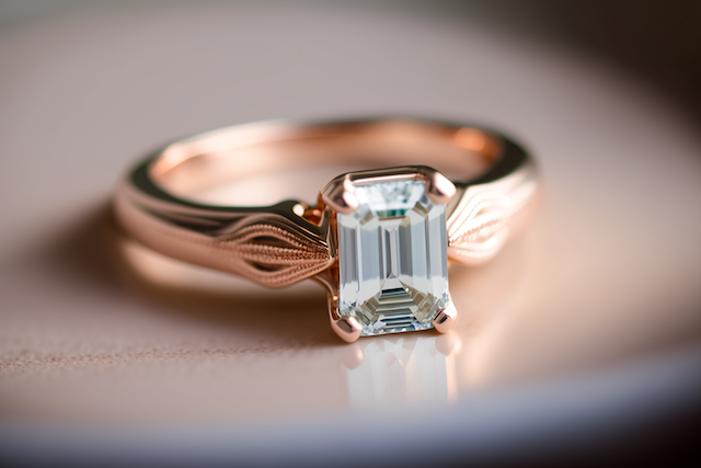 Rose gold engagement ring with emerald cut diamond and vintage inspired engraved band detail
