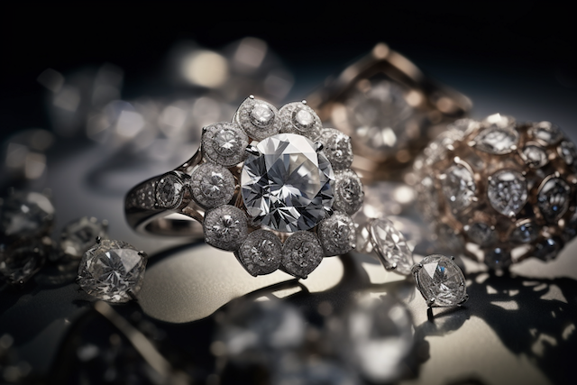 Conflict-Free Diamond Engagement Rings: Sparkle with a Conscience 4 Vintage style cluster diamond ring with round center and milgrain halos, surrounded by loose stones on reflective surface