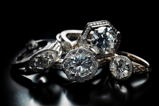 Conflict-Free Diamond Engagement Rings: Sparkle with a Conscience 5 Cluster of vintage-style diamond engagement rings featuring round and hexagon halo designs with pavé details on black background