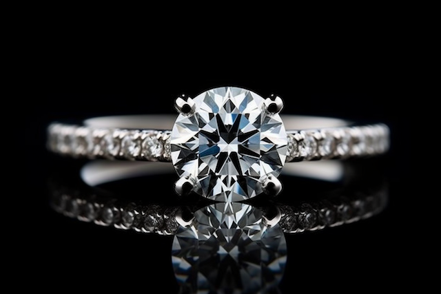 Conflict-Free Diamond Engagement Rings: Sparkle with a Conscience 3 Round brilliant solitaire on a pave band, white gold ring reflected on glossy black background, prong setting closeup