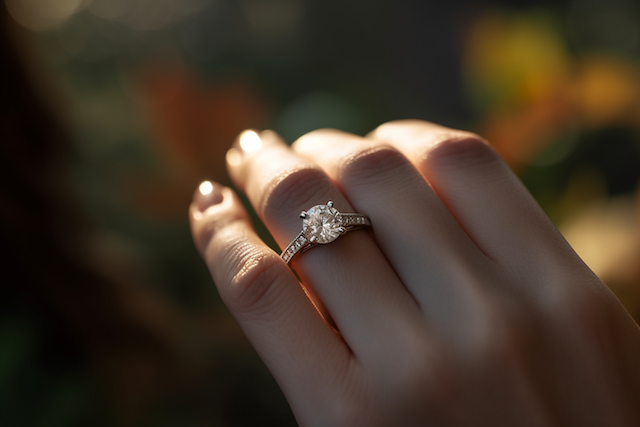 Conflict-Free Diamond Engagement Rings: Sparkle with a Conscience 2 Closeup of left hand wearing round solitaire diamond engagement ring on pave band in warm sunlight bokeh