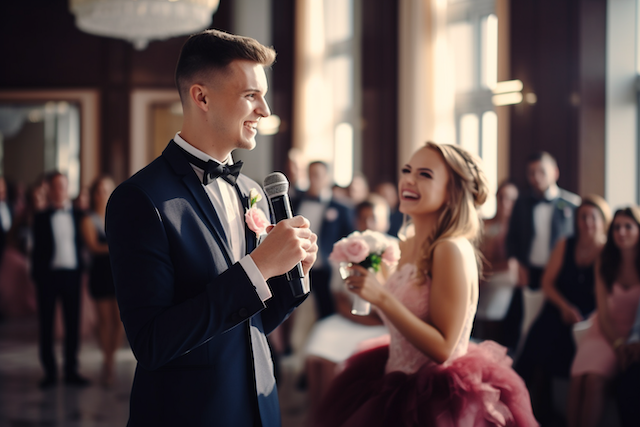 Best Friend Wedding Speech: Nailing the Ultimate Toast 2 Best man in tux gives wedding toast with mic as laughing bridesmaid holds pink bouquet before guests at the reception.