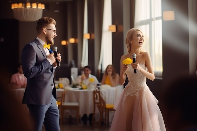 Best Friend Wedding Speech: Nailing the Ultimate Toast 3 Bride and best man sharing a laugh while giving wedding speeches, both holding microphones and yellow flowers in a sunlit reception hall.