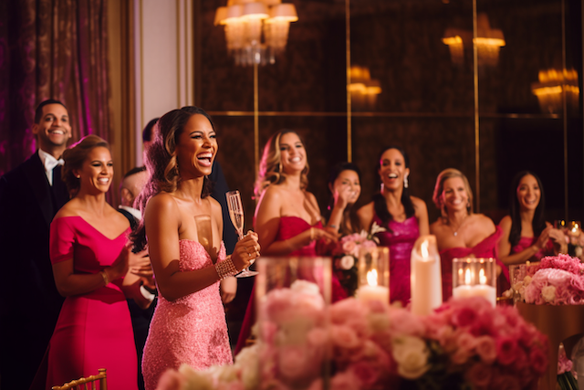 Best Friend Wedding Speech: Nailing the Ultimate Toast 4 Bridesmaid in pink strapless gown laughing with champagne glass during wedding toast, surrounded by smiling friends and glowing candles.