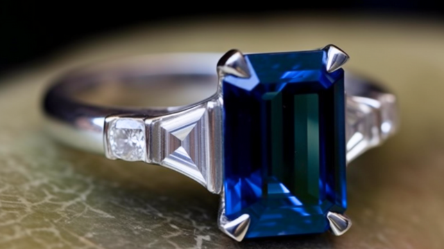 Non-Traditional Engagement Rings: Say Yes To A New Trend 12 Emerald-cut deep blue sapphire center stone in a platinum (white gold) setting with trapezoid diamond side stones, prong-set, macro close-up