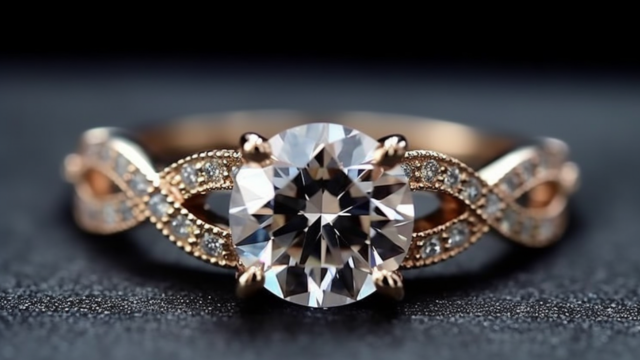 Non-Traditional Engagement Rings: Say Yes To A New Trend 11 Round brilliant solitaire on a rose gold infinity twist pavé band, close-up on dark background