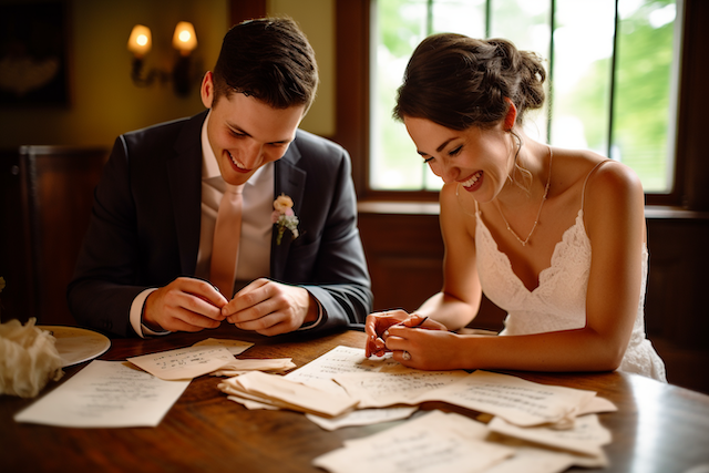 Wedding RSVP Questions: The Ultimate List 2 Bride and groom laughing while writing wedding RSVP cards at a wooden table, warm window light