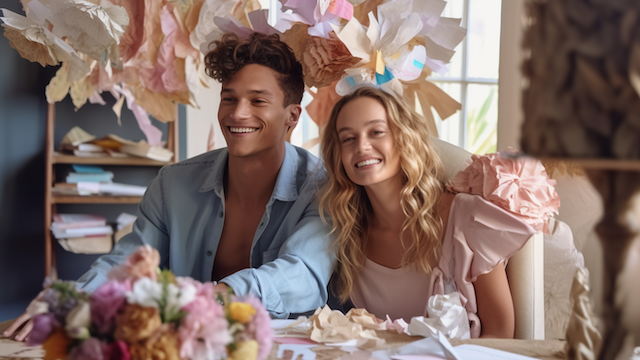What Makes A Wedding Successful? Unveil The Magic 2 Smiling couple sitting at a decorated table surrounded by paper flowers, enjoying wedding planning moments in a cozy, sunlit room.
