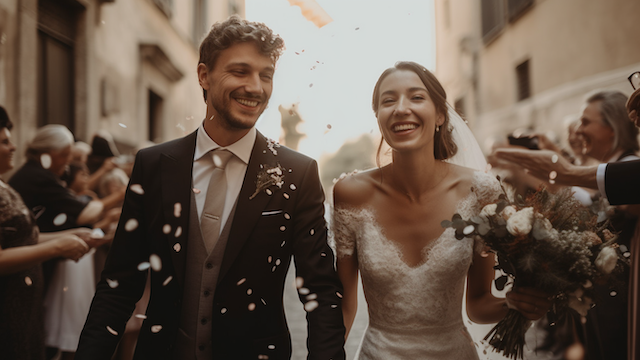 What Makes A Wedding Successful? Unveil The Magic 4 Smiling newlywed couple walking through confetti-filled street, bride holding bouquet and groom in classic suit under golden sunlight.