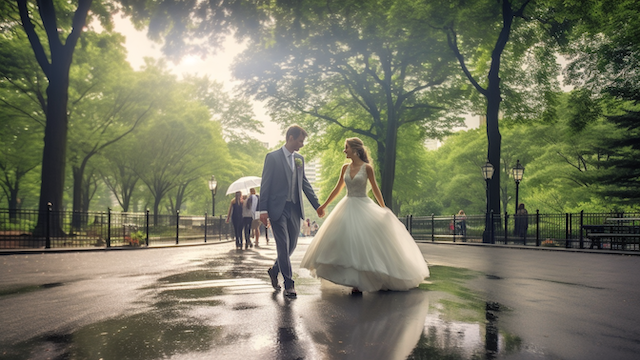 What Makes A Wedding Successful? Unveil The Magic 6 Bride and groom walking hand in hand through Central Park after the rain, sunlight streaming through trees for a dreamy wedding moment.