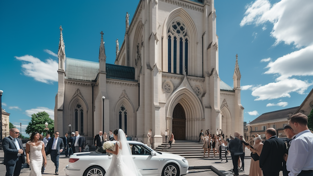 What Makes A Wedding Successful? Unveil The Magic 5 Newlywed couple exiting grand cathedral under blue sky as guests gather around, bride holding bouquet near white car in wedding celebration.