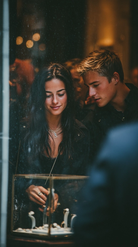 Non-Traditional Engagement Rings: Say Yes To A New Trend 13 Young couple window shopping for engagement rings at jewelry store, looking at display case with warm lighting and romantic mood