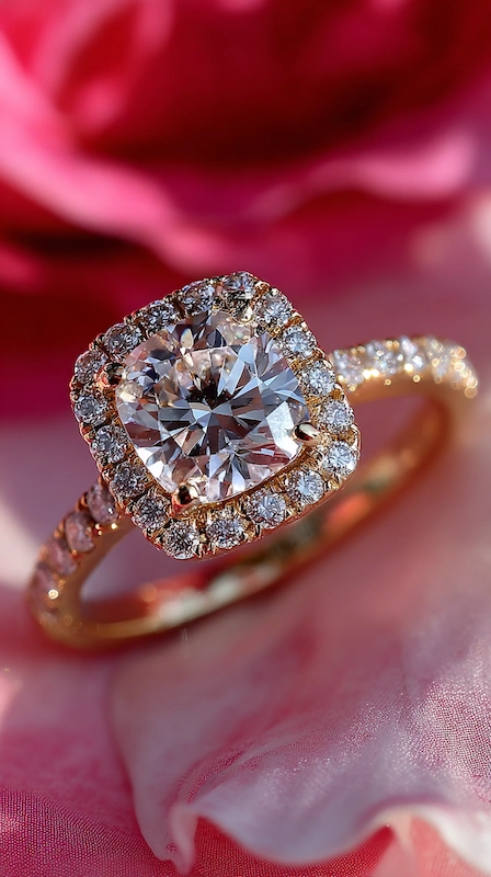 Non-Traditional Engagement Rings: Say Yes To A New Trend 9 Cushion cut halo diamond engagement ring with pavé band in rose gold, set against soft pink petals for a romantic look