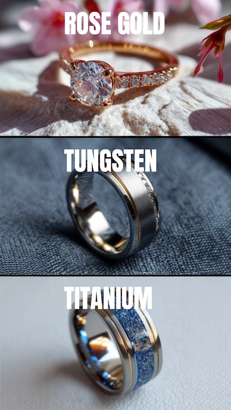 Non-Traditional Engagement Rings: Say Yes To A New Trend 6 Comparison of rose gold, tungsten, and titanium wedding rings showing styles, finishes, and durability options side by side