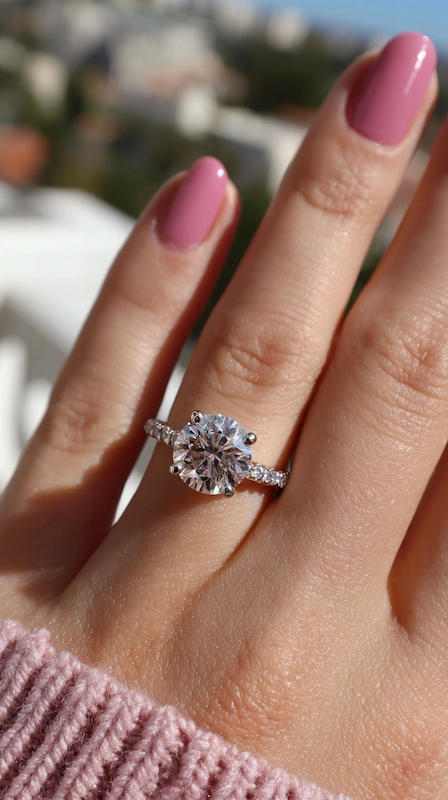 Non-Traditional Engagement Rings: Say Yes To A New Trend 2 Close up of round diamond engagement ring on hand with pink manicure in sunlight, featuring pavé band and classic solitaire setting