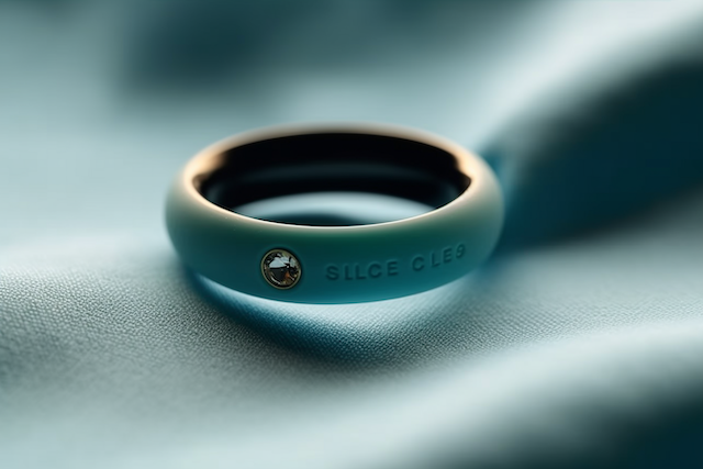 Close-up of a matte teal silicone wedding ring with a small embedded gemstone, engraved with “SILICONE” and resting on a softly draped light blue fabric background.