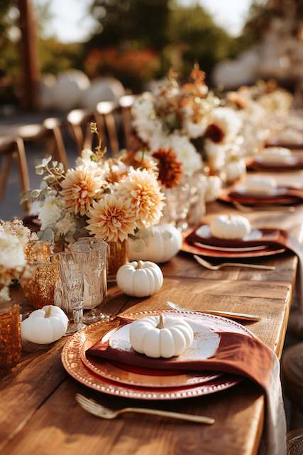 Fall Wedding Fall wedding tablescape featuring white mini pumpkins, amber glassware, rust napkins, and blush dahlias for a cozy rustic vibe.
