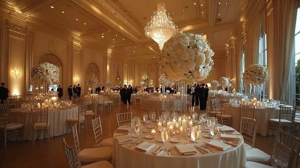 Formality and Elegance Elegant ballroom wedding reception with grand chandeliers, towering white floral centerpieces, and candlelit round tables set with fine glassware and gold accents for a timeless formal celebration.