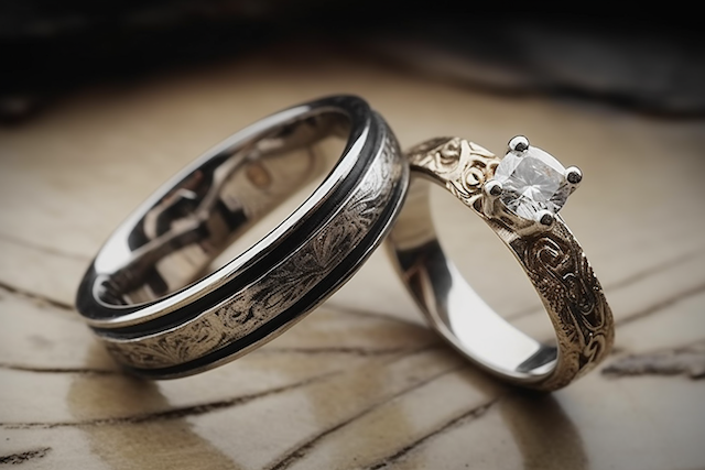 Close-up of a matching pair of engraved wedding bands — one featuring a solitaire diamond and the other a wider patterned band — both crafted in mixed gold and silver tones, resting on a warm wooden surface.