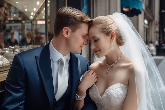 Bride and groom in elegant wedding attire gently touching foreheads outside a jewelry shop, with the bride in a strapless gown and veil and the groom in a navy suit.