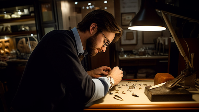 Close up of a jeweler with glasses working under a lamp, carefully examining and assembling watch parts on a wooden workbench in a dimly lit studio.