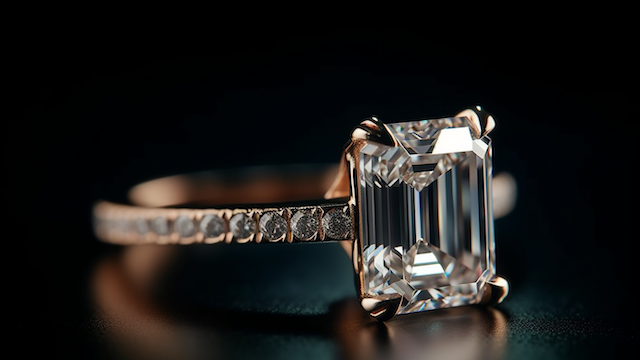 Close up of an emerald cut diamond solitaire on a pavé set band in rose gold, sparkling against a dark blurred background.