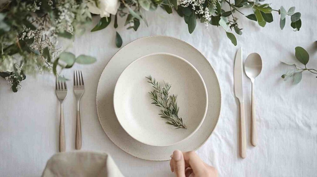 Minimalist Wedding Table Setting Minimalist wedding table setting with neutral plates, simple silverware, and a sprig of rosemary on a white linen table.
