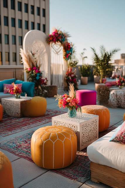 Modern Bohemian Wedding Boho rooftop wedding lounge setup featuring mustard poufs, carved white tables, and bright floral arrangements with pampas grass under warm sunset light.