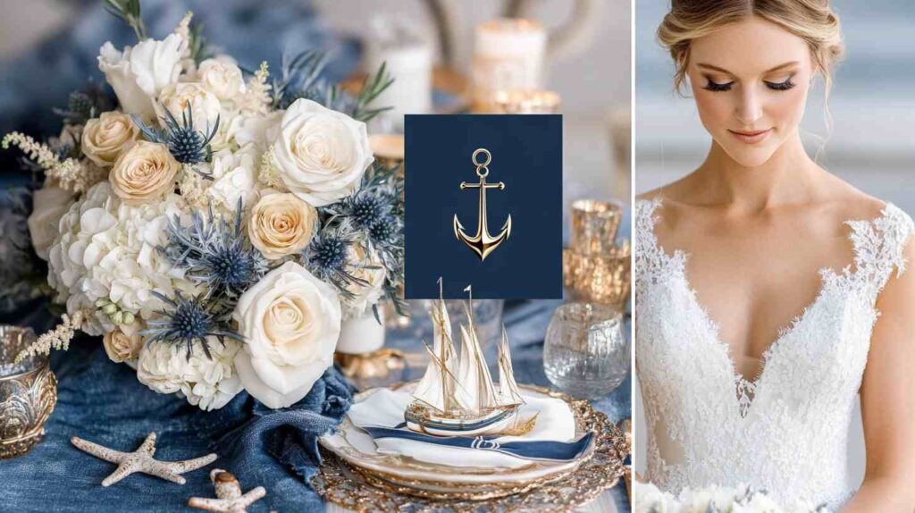 Popular Wedding Themes: A Guide for Trendy Couples 2 Nautical wedding decor with navy, white, and gold tones, featuring anchors, sailboats, and a lace bridal gown for coastal elegance.