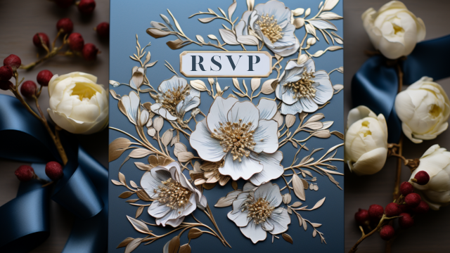 RSVP card with white 3D florals and gold leaves on slate blue, flanked by peonies, navy ribbon, and red berries