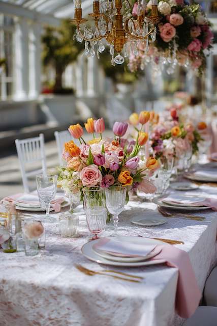 Spring Wedding Spring wedding table setting featuring pastel tulips, roses, and ranunculus in crystal vases, blush napkins, and gold cutlery on white lace linens for a romantic garden celebration.
