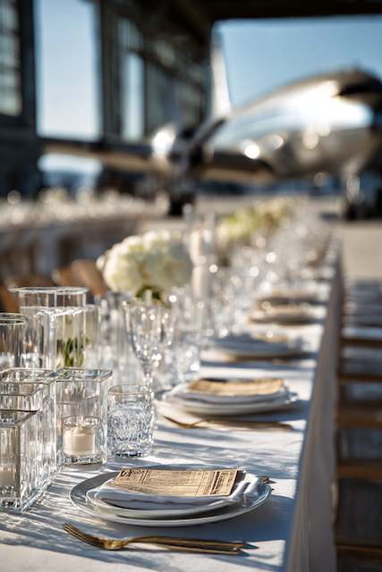 Travel-Themed Wedding A stylish wedding table set inside an airplane hangar, featuring elegant glassware, white florals, and an aircraft backdrop.