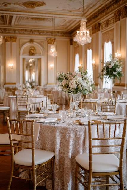 Vintage Wedding Elegant ballroom wedding reception with gold chiavari chairs, round tables draped in lace linens, and tall floral centerpieces of white and blush blooms under crystal chandeliers.