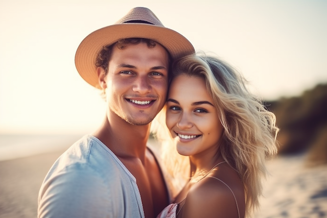 Popular Wedding Themes: A Guide for Trendy Couples 3 Smiling couple standing close together on the beach during golden hour, the man wearing a straw hat and light shirt, the woman with windblown blonde hair, both radiating warmth and joy.