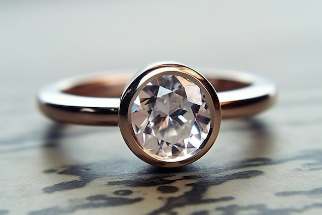 Close up of a round cut diamond solitaire engagement ring in a smooth bezel setting with a rose gold band, resting on a marbled surface.