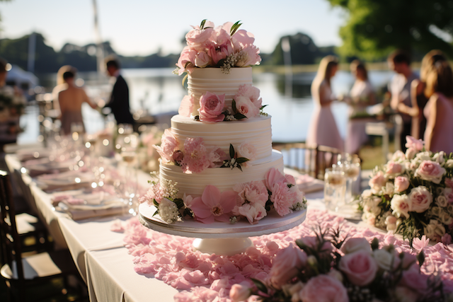 Popular Wedding Themes: A Guide for Trendy Couples 1 Three tier white wedding cake with pink flowers on a lakeside reception table, surrounded by roses and glassware.