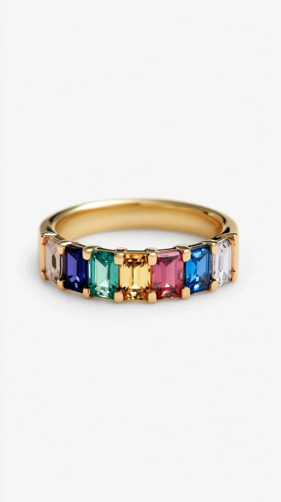 Gold wedding band with rainbow gemstones in emerald cuts, colorful birthstone-inspired ring design on clean background
