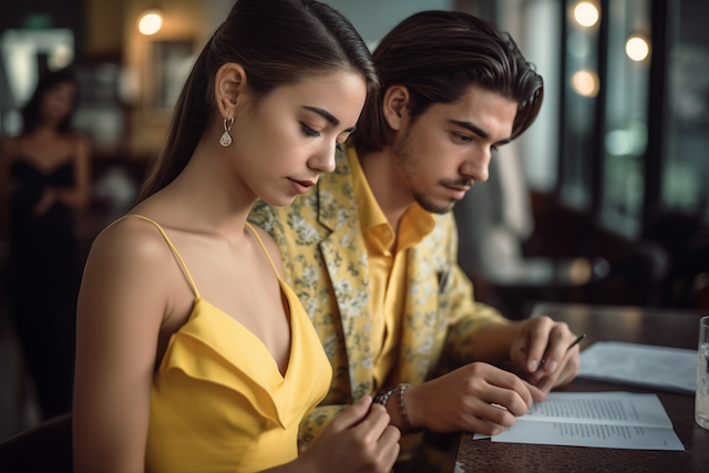 How to Insure Your Engagement Ring: A Quick Guide 5 Engaged couple reviewing documents together at a café, both dressed in coordinating yellow outfits, focused and thoughtful about their plans.