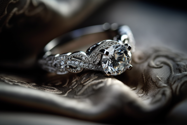 How to Insure Your Engagement Ring: A Quick Guide 3 Close-up of vintage diamond engagement ring with intricate filigree detailing, sparkling on soft satin fabric under romantic lighting.