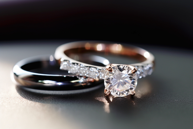 How to Insure Your Engagement Ring: A Quick Guide 4 Close-up of round-cut diamond engagement ring with rose gold band and pavé setting beside classic silver wedding band on soft surface.