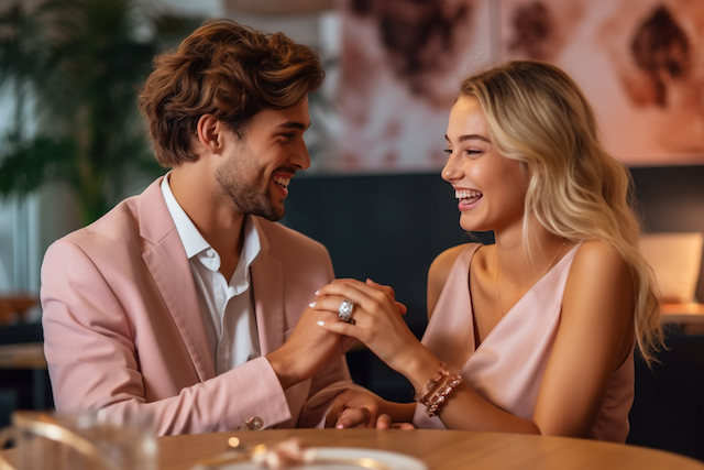 How to Insure Your Engagement Ring: A Quick Guide 2 Happy couple sitting close together, laughing as they admire engagement ring, dressed in matching blush tones under warm romantic lighting.