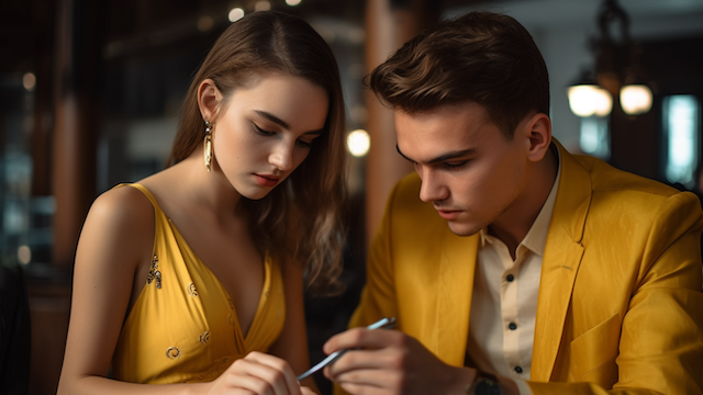 A young couple sitting closely together, both wearing yellow outfits, thoughtfully reviewing a document or jewelry appraisal form under warm indoor lighting.