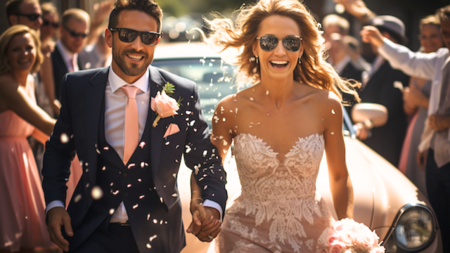 Popular Wedding Themes: A Guide for Trendy Couples 4 Bride and groom wearing sunglasses joyfully exit their wedding as guests toss confetti, capturing a fun and modern celebration moment.