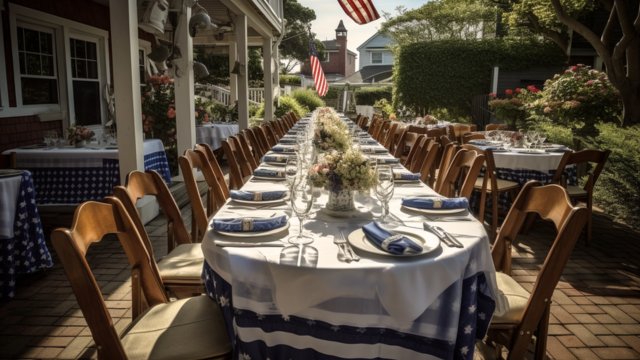 Popular Wedding Themes: A Guide for Trendy Couples 46 Outdoor coastal-inspired wedding reception with long banquet tables dressed in blue and white linens, nautical decor accents, and American flags in the background creating a relaxed summer atmosphere