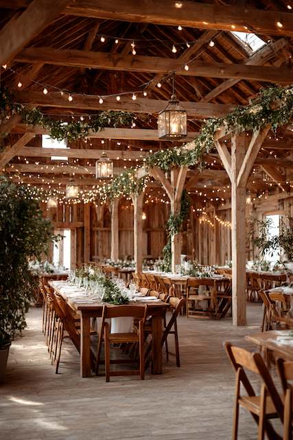 rustic wedding in a barn Rustic barn wedding reception with wooden beams, hanging lanterns, and string lights, featuring long farmhouse tables decorated with greenery garlands and simple white table settings.