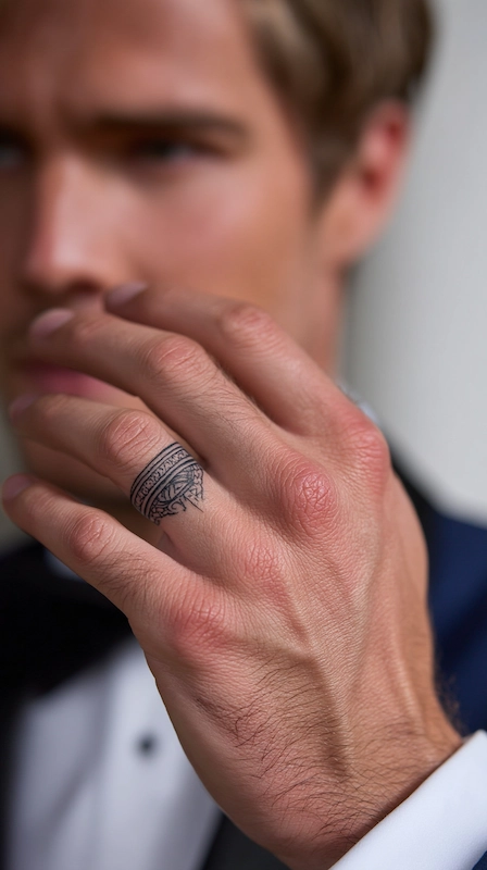 Close-up of groom’s hand near face showing tattoo-style wedding band design on ring finger, modern alternative ring idea